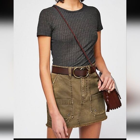 Free People Tahini Green Denim Canvas Frayed Hem Mini Skirt 27 (box12) - Picture 3 of 11